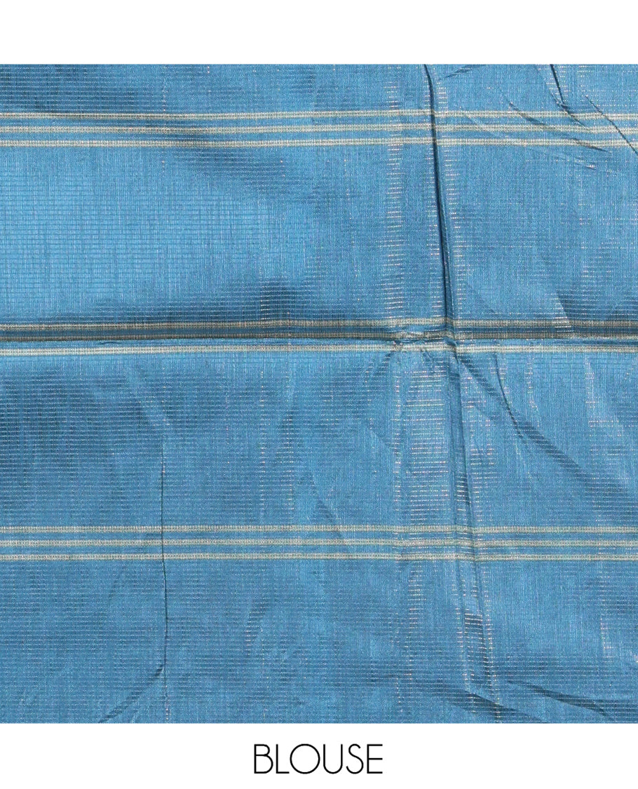 Borderless Rama Green Macro-Checked Katan Silk Saree, a Subtly Striped Pallu, and a Contrast Blouse