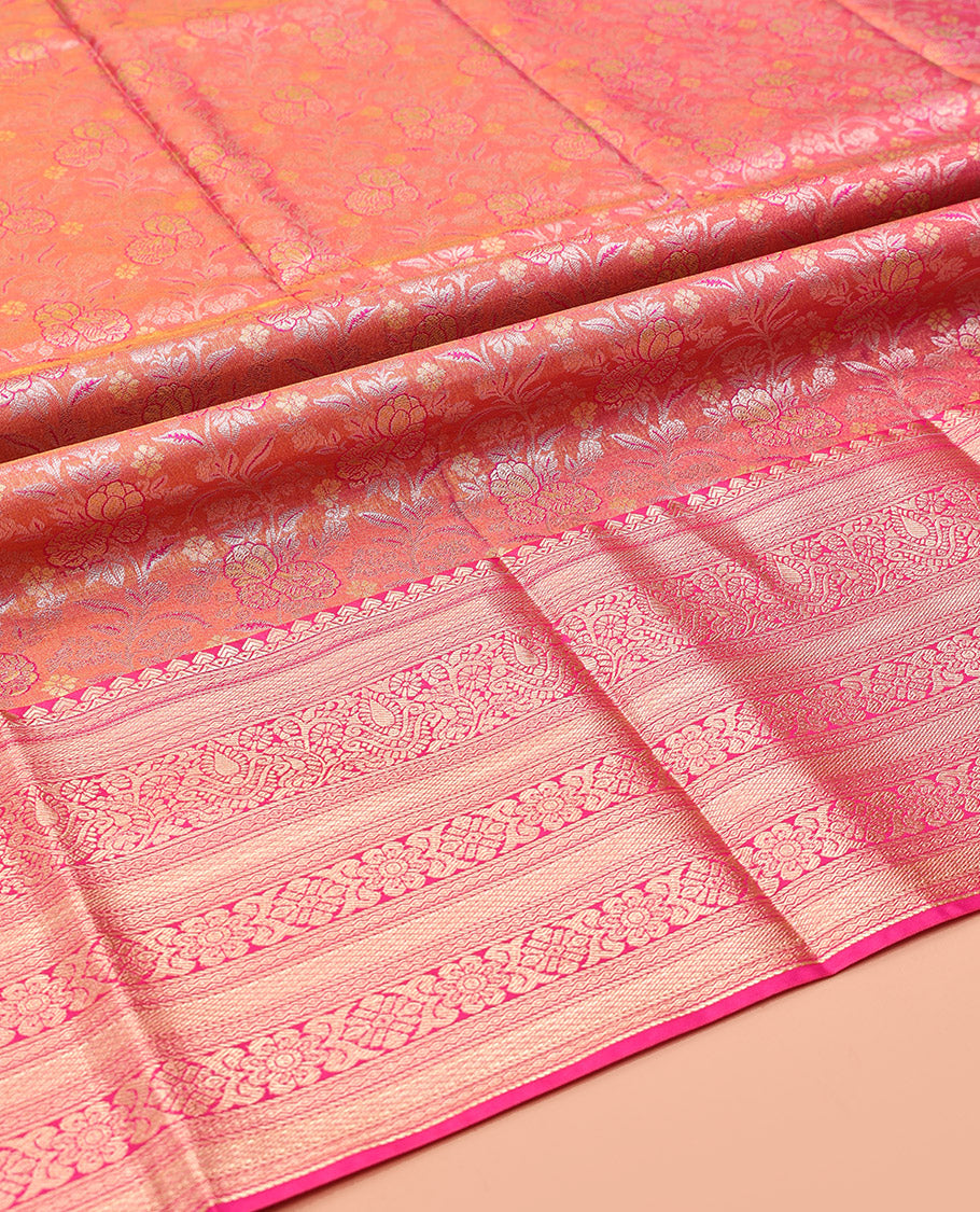Pink-Orange Art Silk Half-Saree, Enthralled with Jacquard Design, Contrast Traditional Zari Border, and Paired with a Matching Blouse