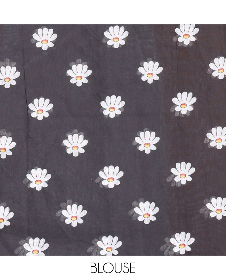 Borderless black Floral design chanderi cotton saree , floral vine printed pallu and small floral printed blouse