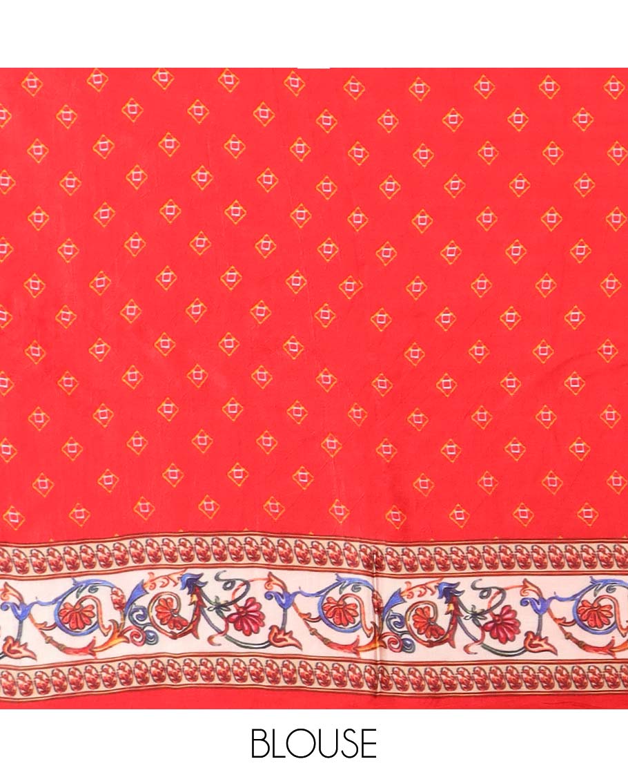 Cream animal motifs semi-banaras printed saree with contrast plain border & intricate design pallu