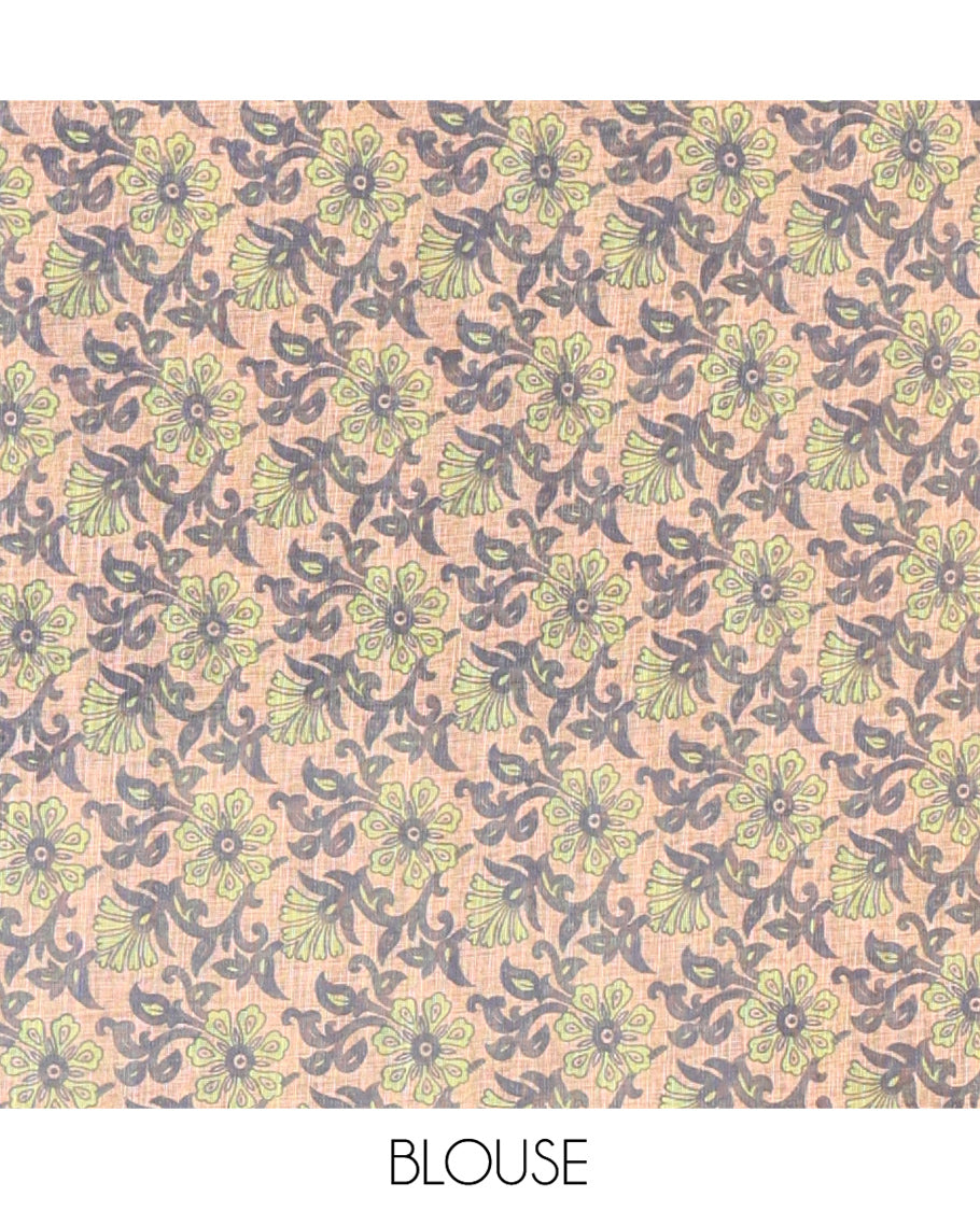 Parrot Green Linen Cotton Saree, Adorned with Shibori Print On Its Body, Subtle Piping Border, Pallu Steeped with Floral Vine Print, and Paired with a Printed Blouse