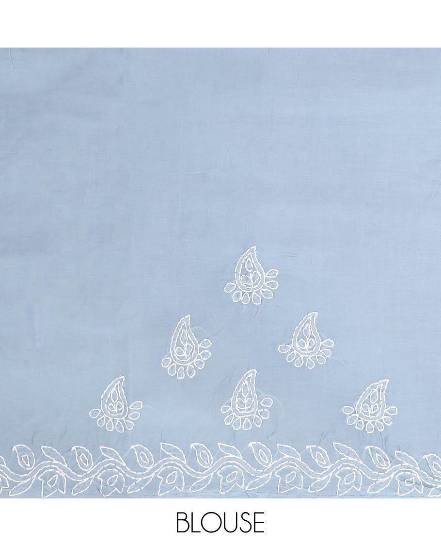 Grey paisley embroidered lucknowi chikankari cotton saree with flower vine border & floral, paisleys embroidered pallu