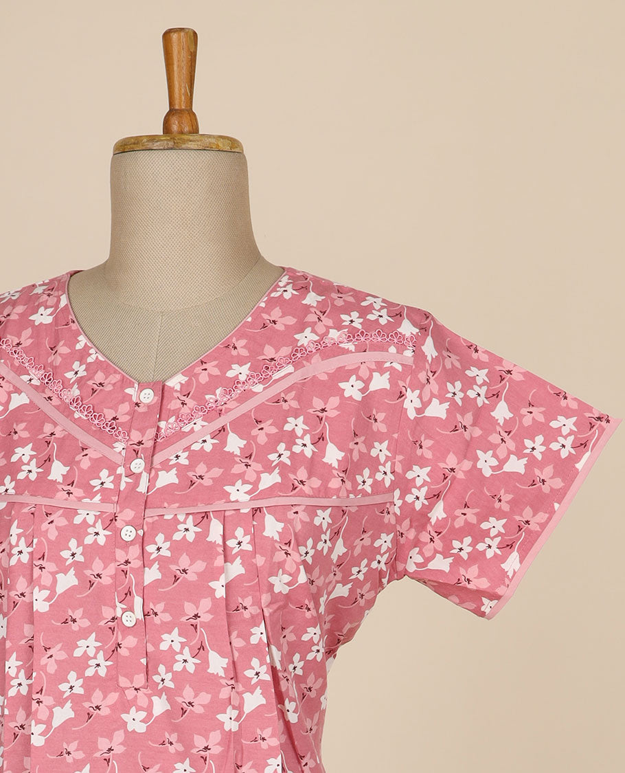 Red floral printed & v neck with lace, cotton half-sleeve nighty