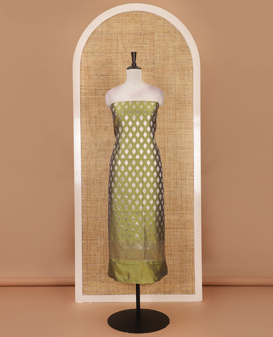 Green banarasi material chudidar set set, gold zari buttas woven top, plain bottom, and zari-rich jaal taffeta silk dupatta
