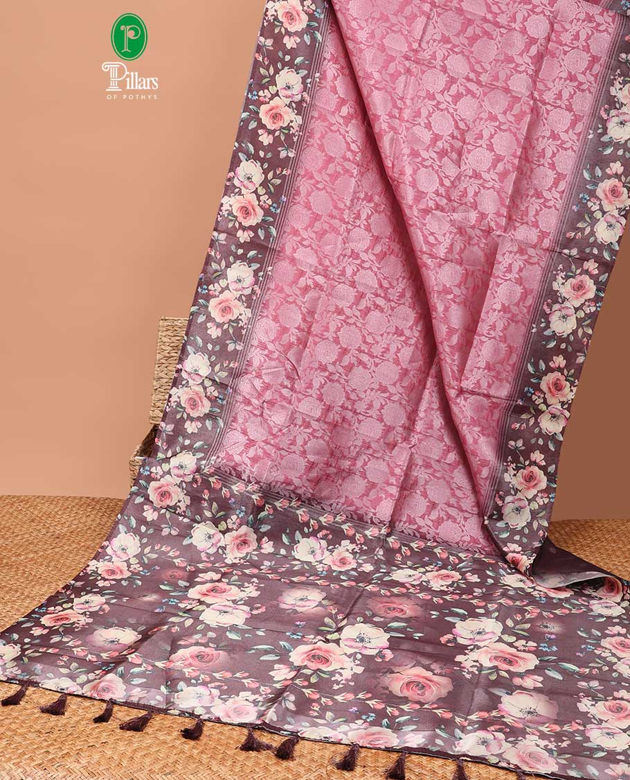 Onion pink floral , leaf traditional zari design elite silk saree with contrast floral printed border & floral design with tussels pallu