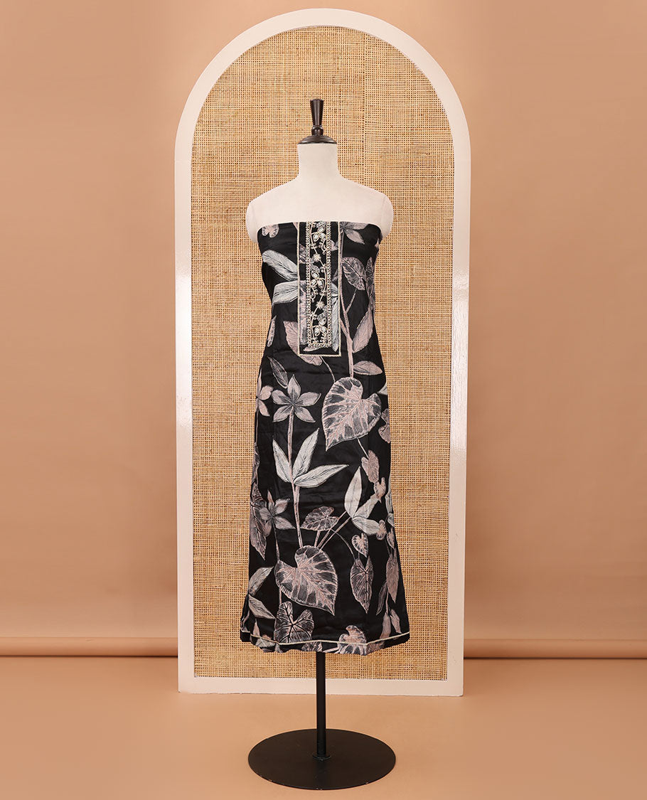 Black material chudidar set, floral print & neck patch embroidery cotton top, plain bottom & floral motifs mul chanderi dupatta