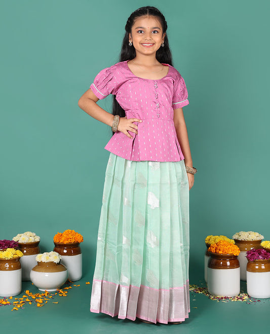 Blue readymade art silk pavadai, sparrow buttas & contrast traditional border skirt, & contrast buttas round neck puff-sleeve blouse