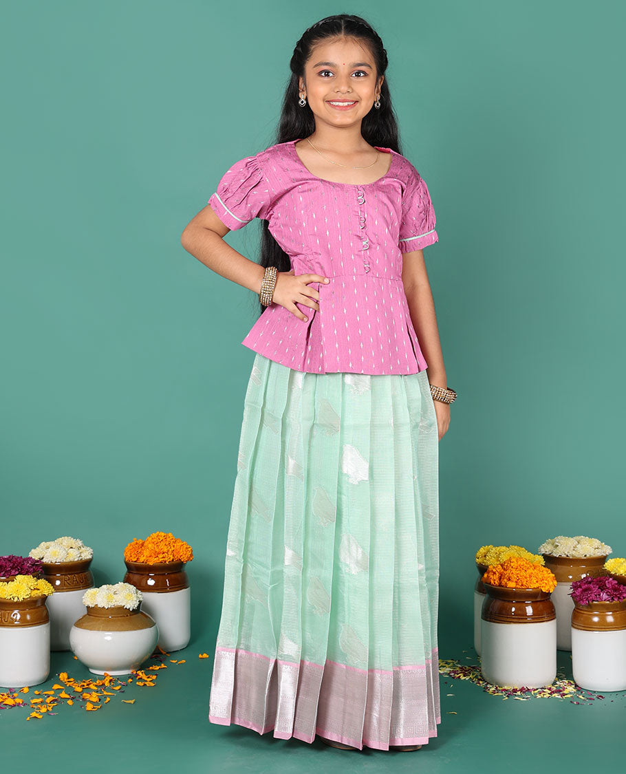 Blue readymade art silk pavadai, sparrow buttas & contrast traditional border skirt, & contrast buttas round neck puff-sleeve blouse