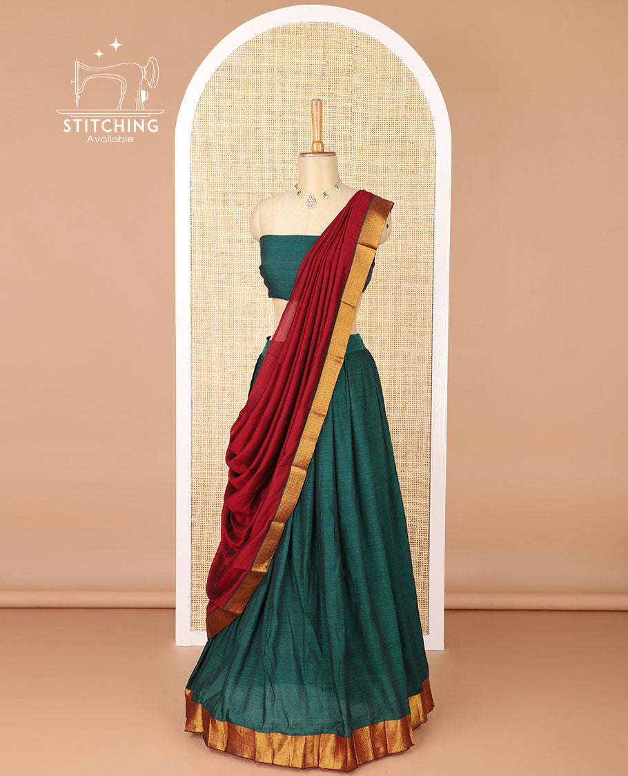 Green mercerised cotton daman zari border half saree with cotton blouse & skya georgette one side zari border dhavani