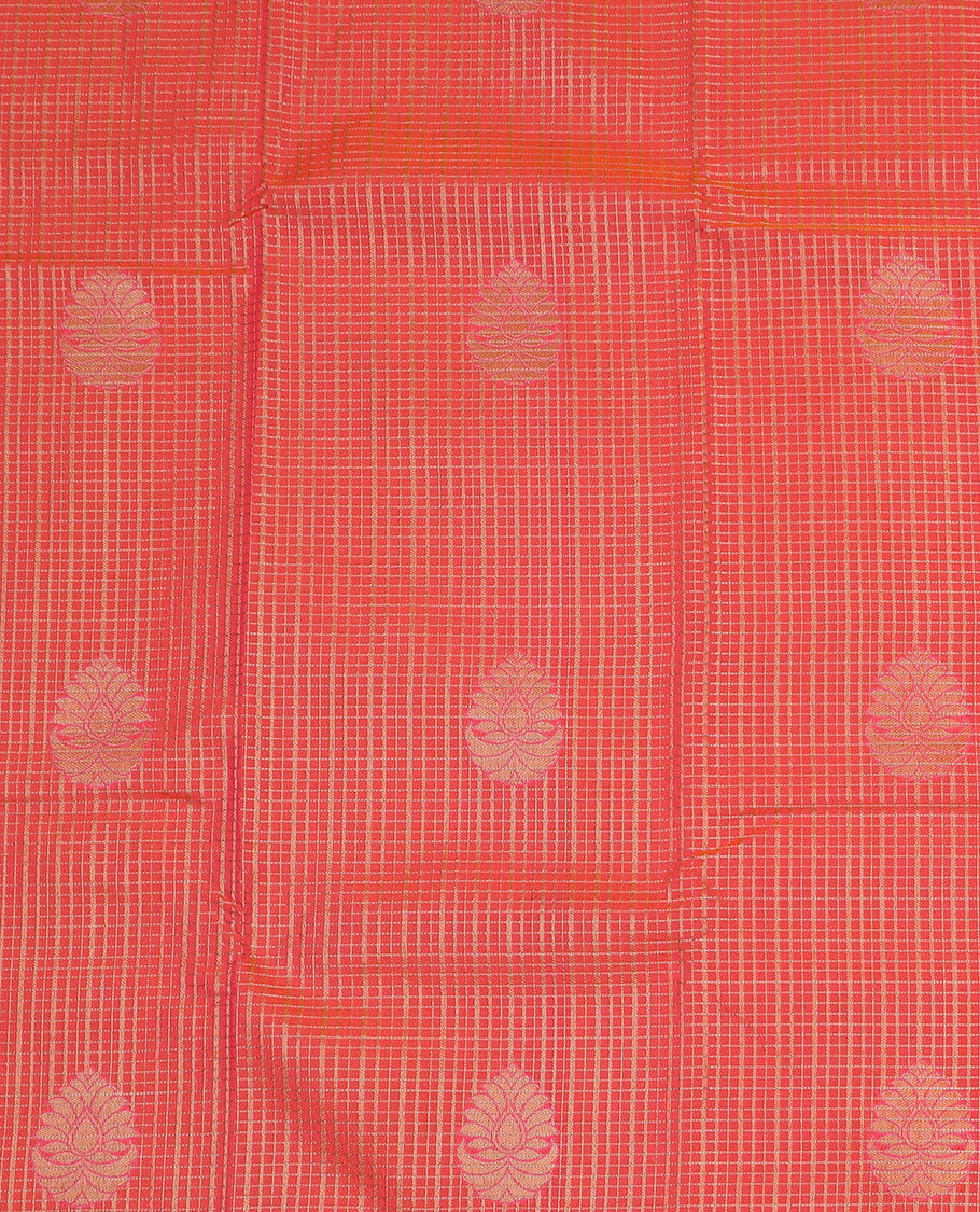 Red art silk pavadai material set, zari buttas checked pavadai, contrast blouse & contrast traditional zari border