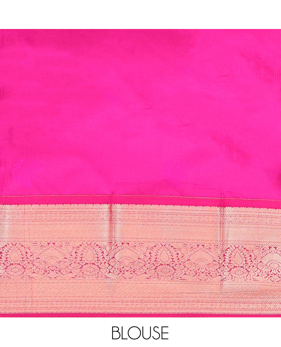 Sandal Art Silk Half-Saree Pavadai Material with Sparsely Woven Skirt, a Contrast Traditional Border, Contrast Blouse, and Scallop Embroidered Dhavani