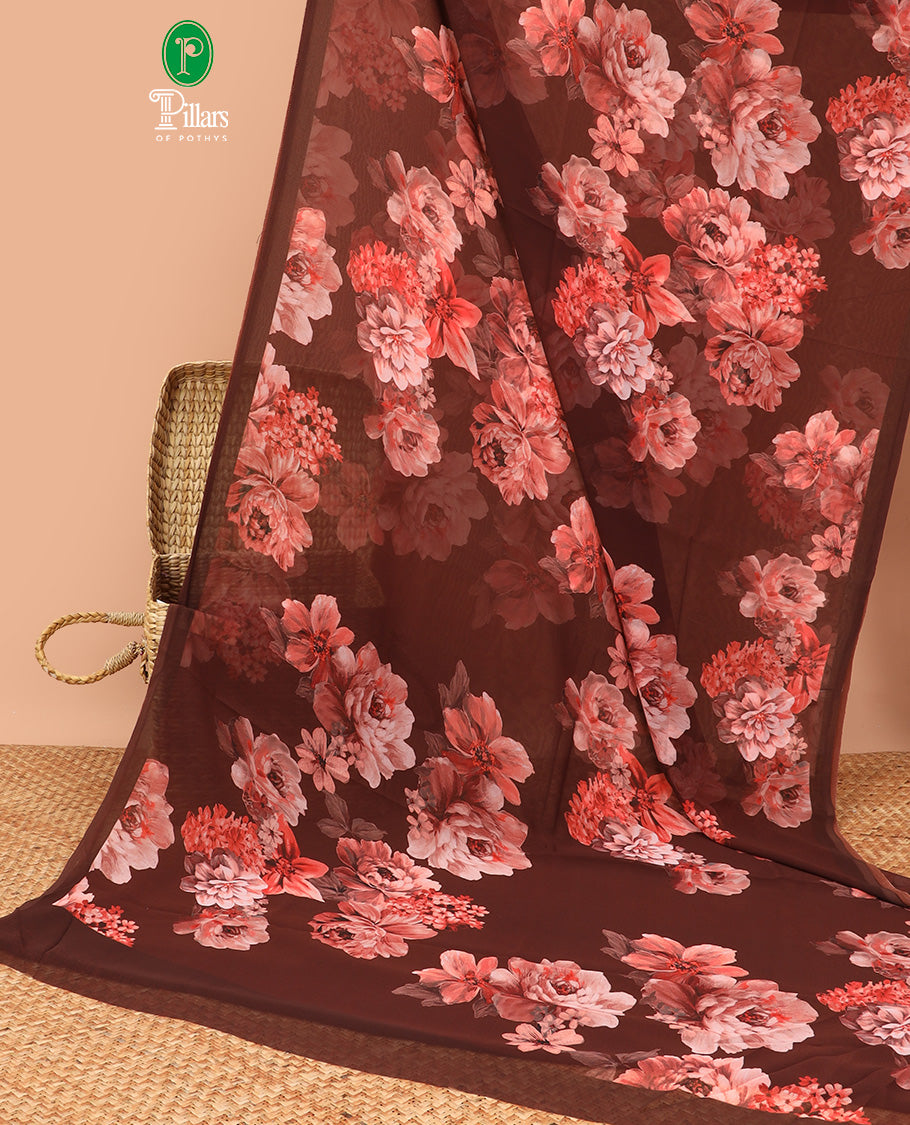 Borderless maroon digital floral print georgette saree with self pallu