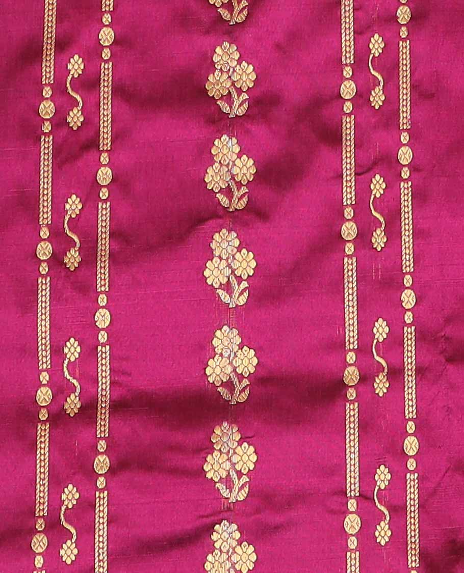 Dark pink floral design silk half saree with contrast border of thilakam mokku, banaras, paun design, zari design blouse & zari design border dhavani