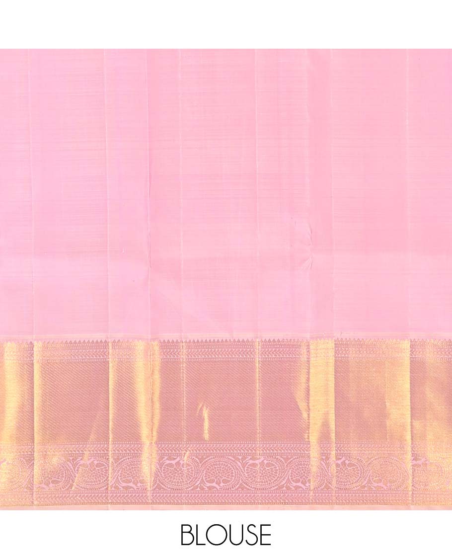 Crimson red floral buttas Kanchipuram korvai silk saree, contrast neer korvai border of thilakam mokku, muthu, kathir, and kodi visiry designs, and zari woven pallu