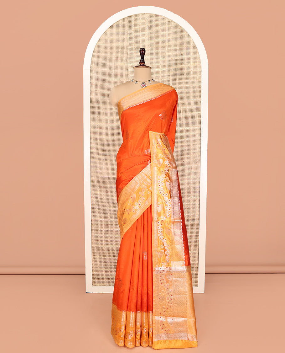 Orange Green-Mango-Silk Saree, Enriched with Floral Zari Buttas All Over Its Body, Complemented by a Contrast Meenakari Zari Traditional Border of Floral Designs, Grand Pallu, and Paired with a Contrast Blouse