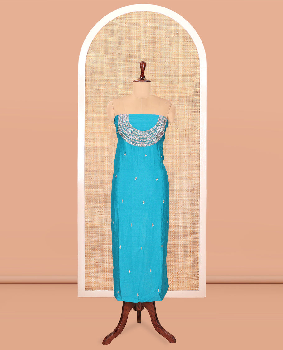 Rama Blue Vichitra Silk Material Chudiddar, Embroidered Top, Plain Bottom, Scallop Embroidered Dupatta