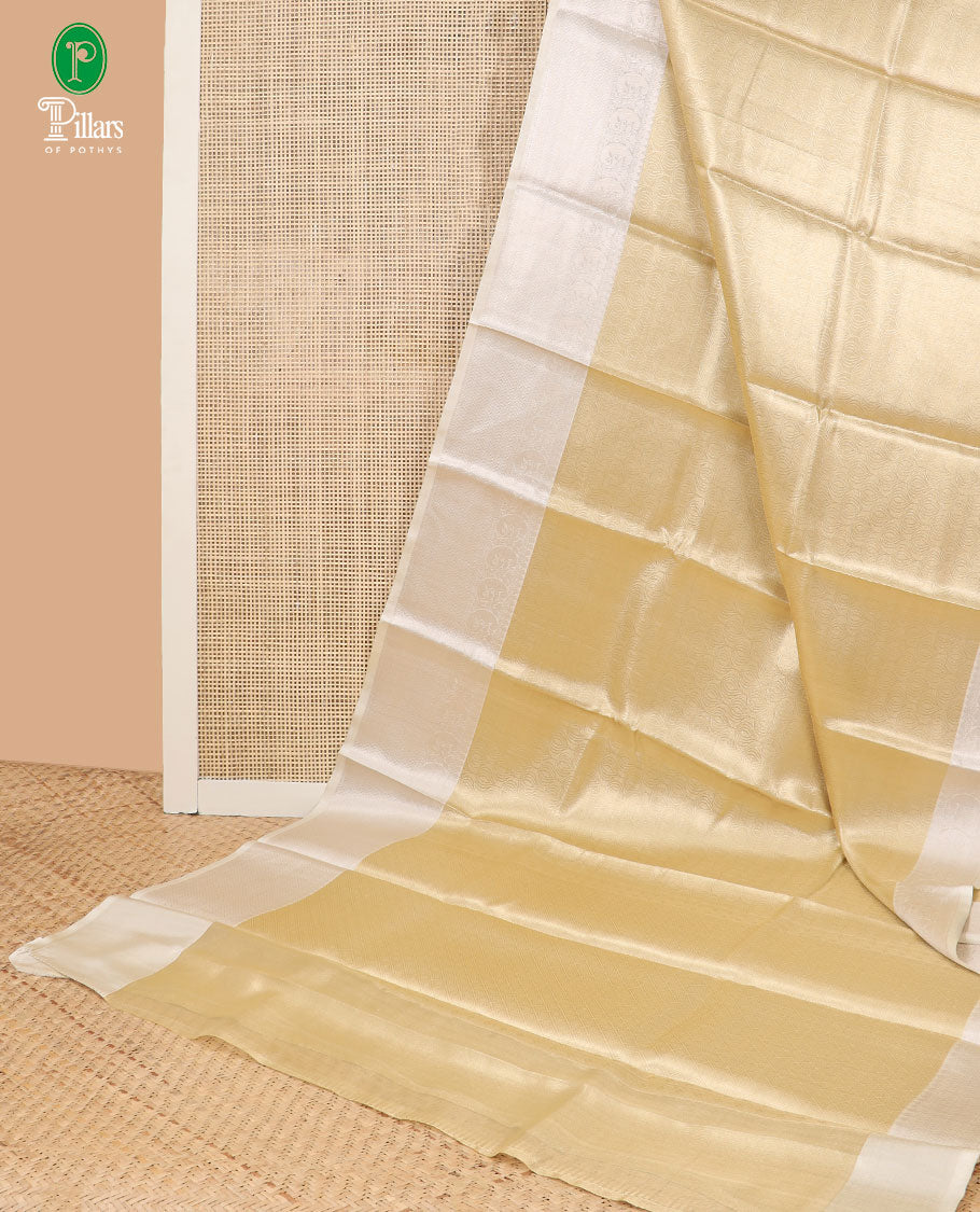 Gold with cream all-over brocade zari weaving design banaras kora tissue saree with contrast zari jacquard border & contrast rich pallu along with brocade blouse