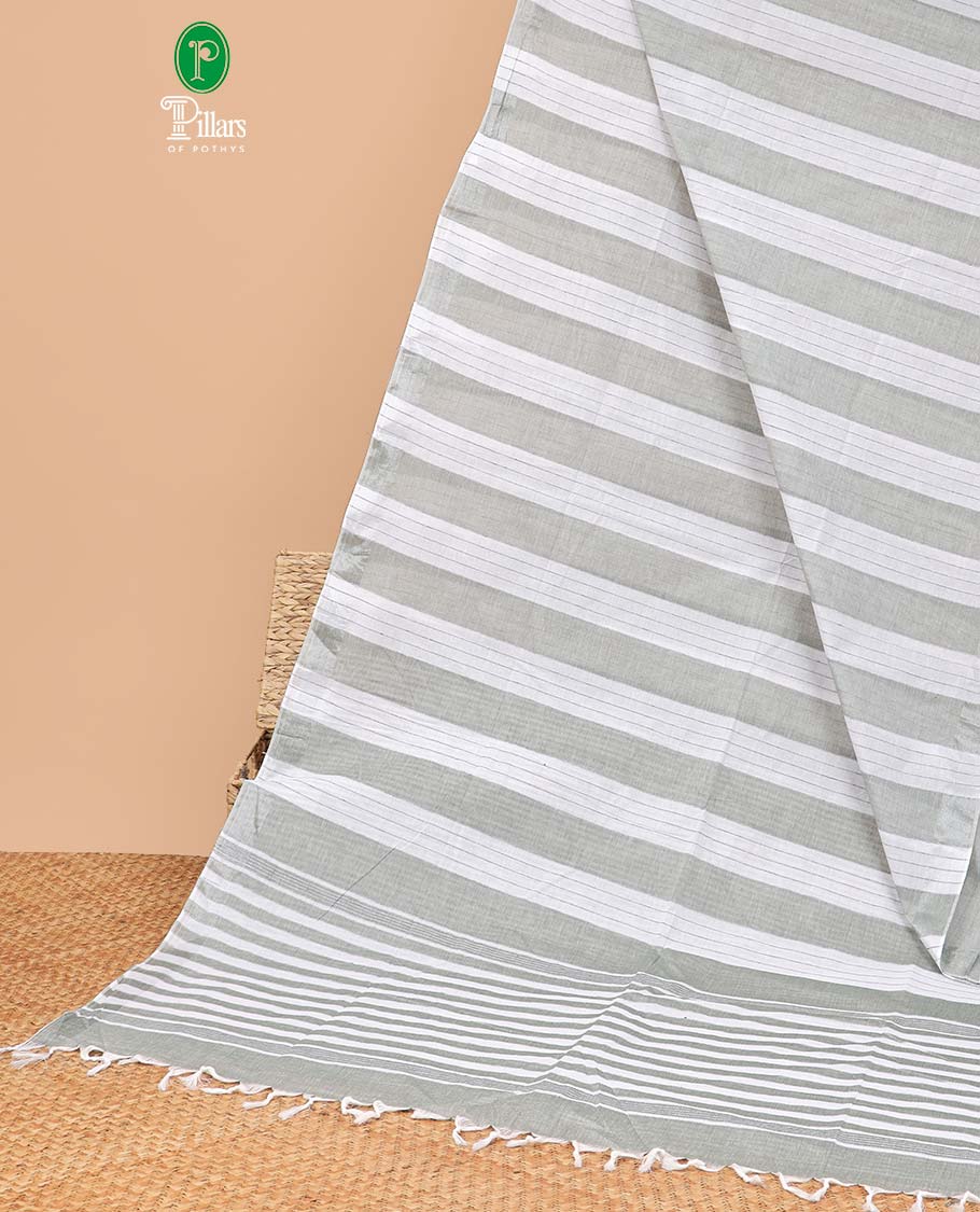 Borderless green vertical striped jute cotton saree with striped pallu