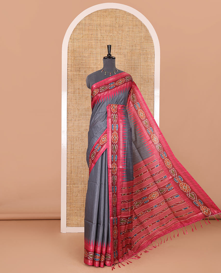 Grey plain Katan silk saree, contrast temple ikkat floral printed border, ikkat floral printed pallu, and ikkat printed blouse