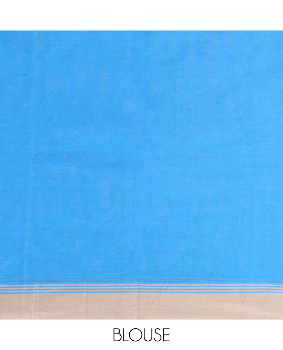 Light blue motifs kanchi cotton saree with contrast striped border & floral motifs, striped pallu