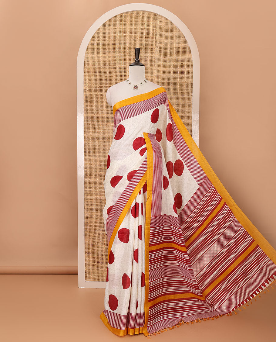 Cream polka dot printed khadi cotton saree, contrast piping border with stripes print, stripes printed pallu & yellow stripes printed blouse