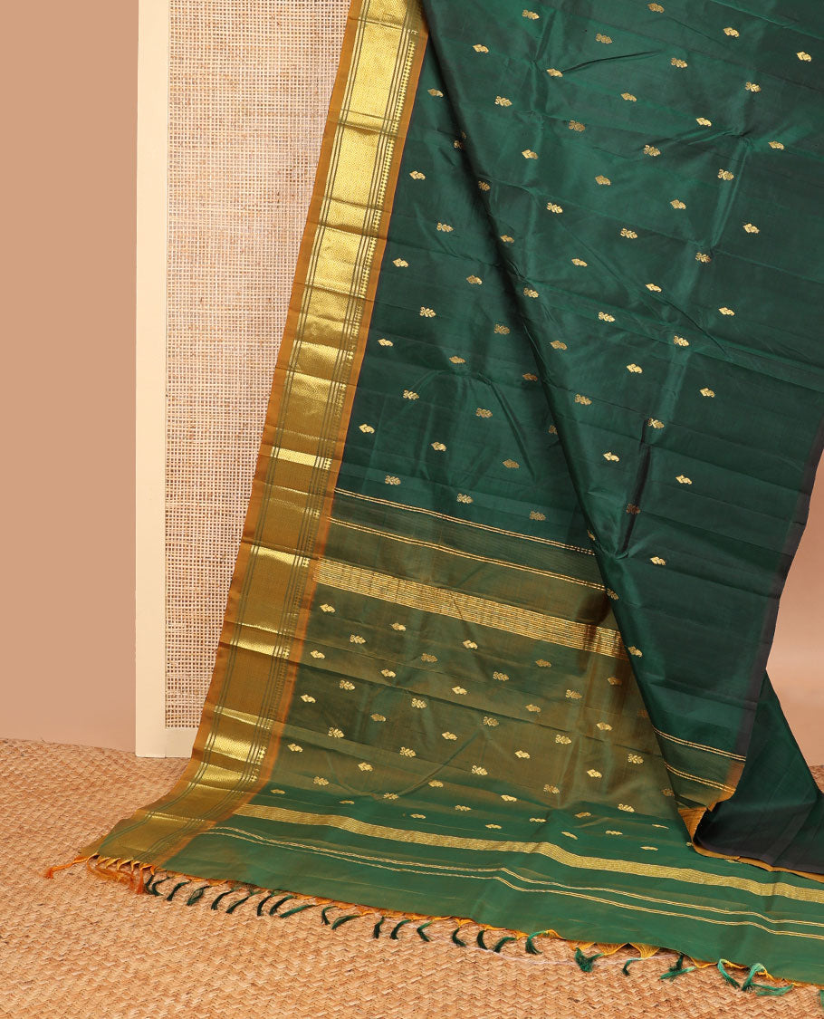 Bottle green buttas kancheepuram silk saree with contrast border of thilakam, mokku, banaras, kuyil kann design border & zari design pallu