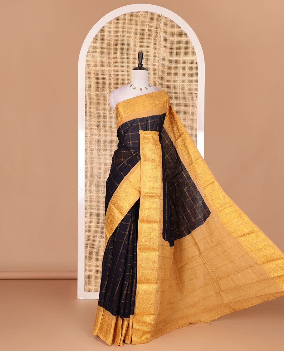 Blue and yellow zari checked Sungudi cotton saree, contrast peacock motifs zari border, checked pallu, and contrast checked blouse