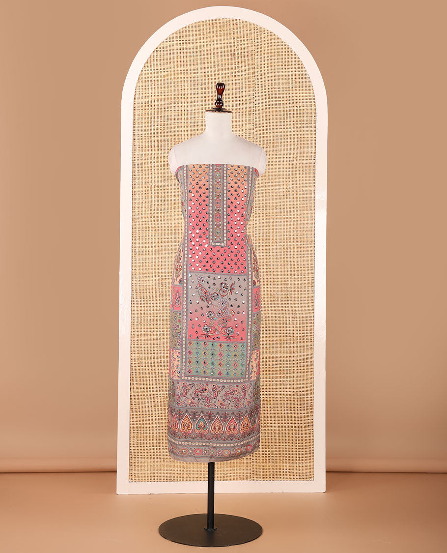 Mouse grey material chudidar set, intricate print & real mirrorwork crepe masakali top,plain bottom & intricate print & mirrorwork Chinon dupatta