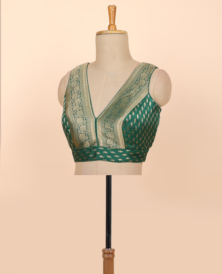 Dark green floral zari design front & back deep v-neck raw-silk readymade sleeveless blouse