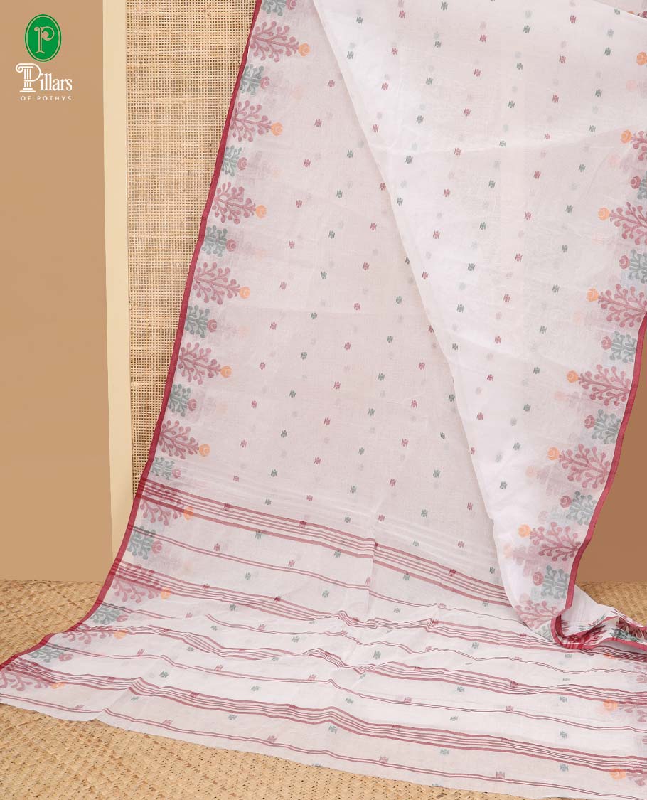 White thread butta bengal cotton saree with resham border & chit pallu allong with linen digital shafread blouse