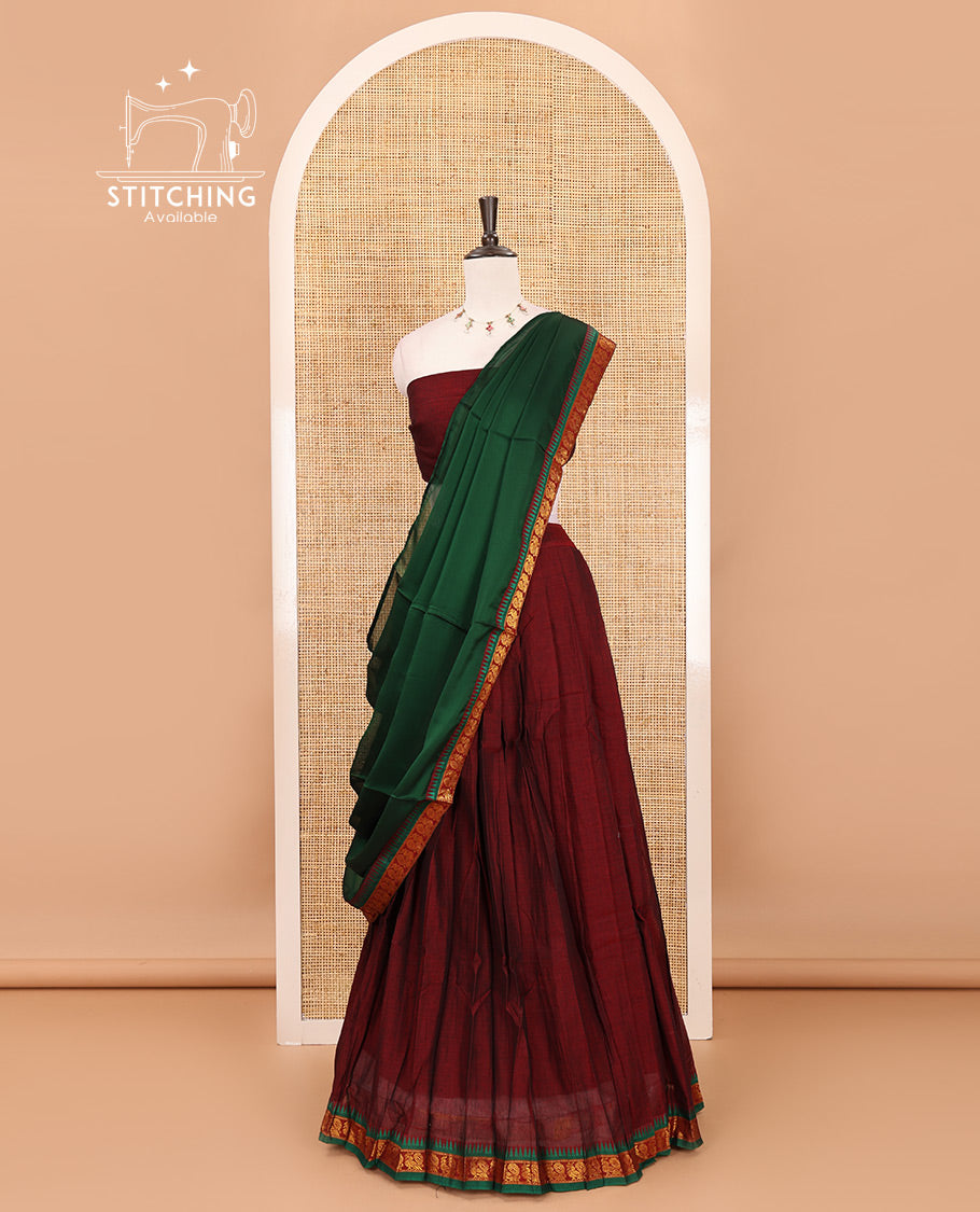 Maroon mercerized cotton half-saree, plain & contrast peacock motifs gold zari temple border skirt, matching blouse & temple zari border vichitra silk dhavani