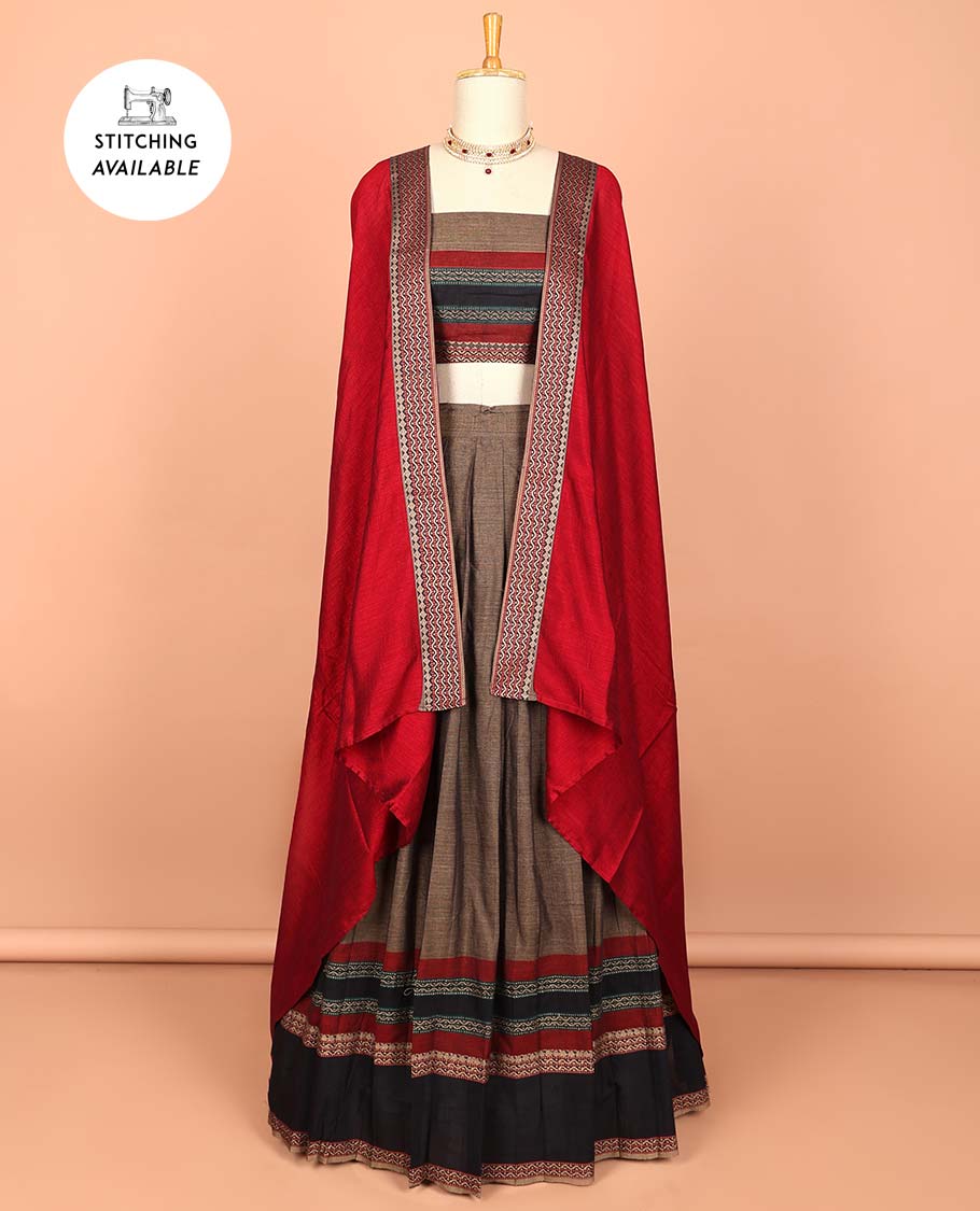 Brown cotton half saree with contrast striped zari border, plain blouse & plain with striped zari border dhavani