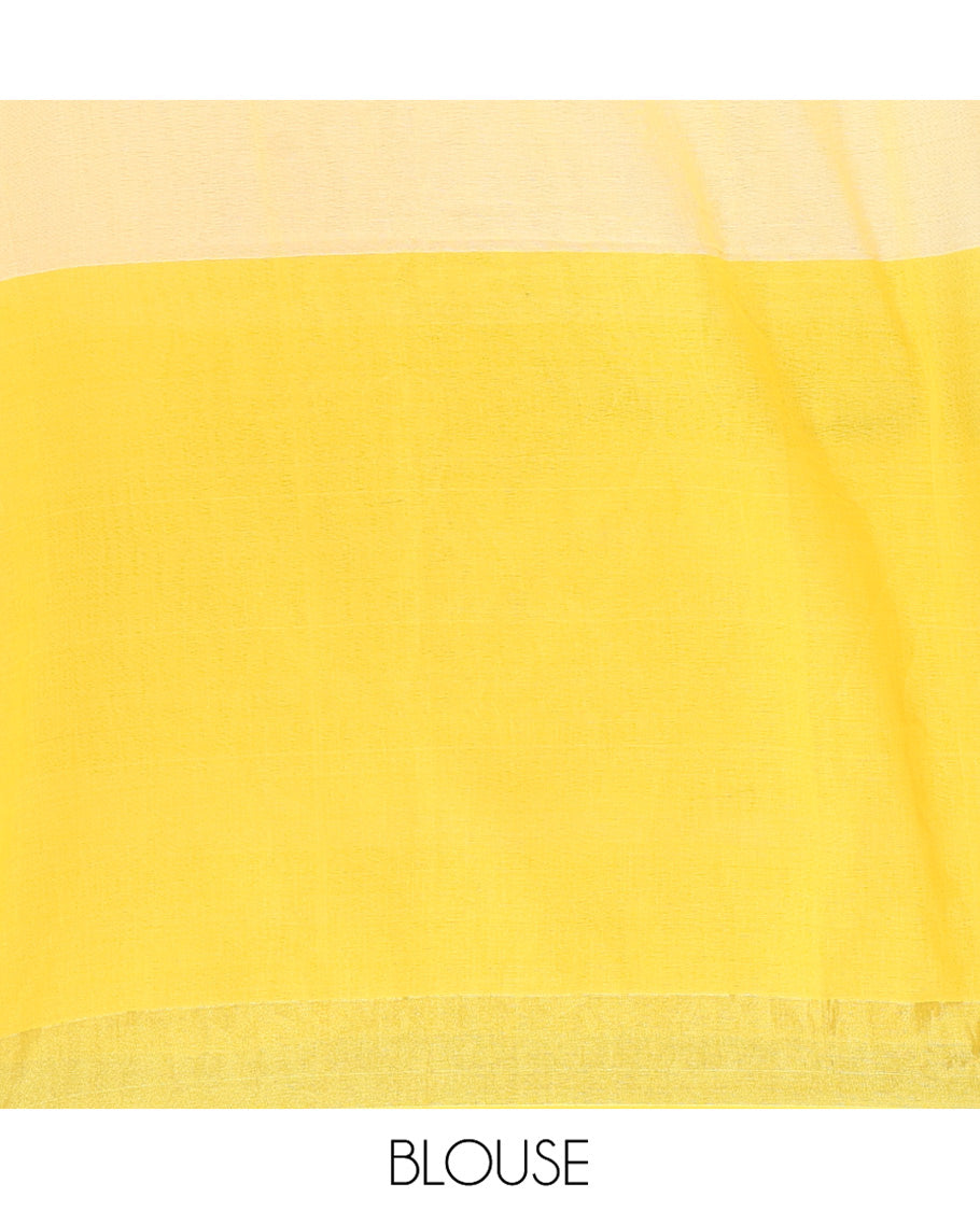 Yellow Khadi Mul Cotton Saree, Adorned with Half-And-Half-Style Double-Colour Dyed on Its Body, a Subtle Zari Border, Striped Pallu, and Paired with a Matching Blouse