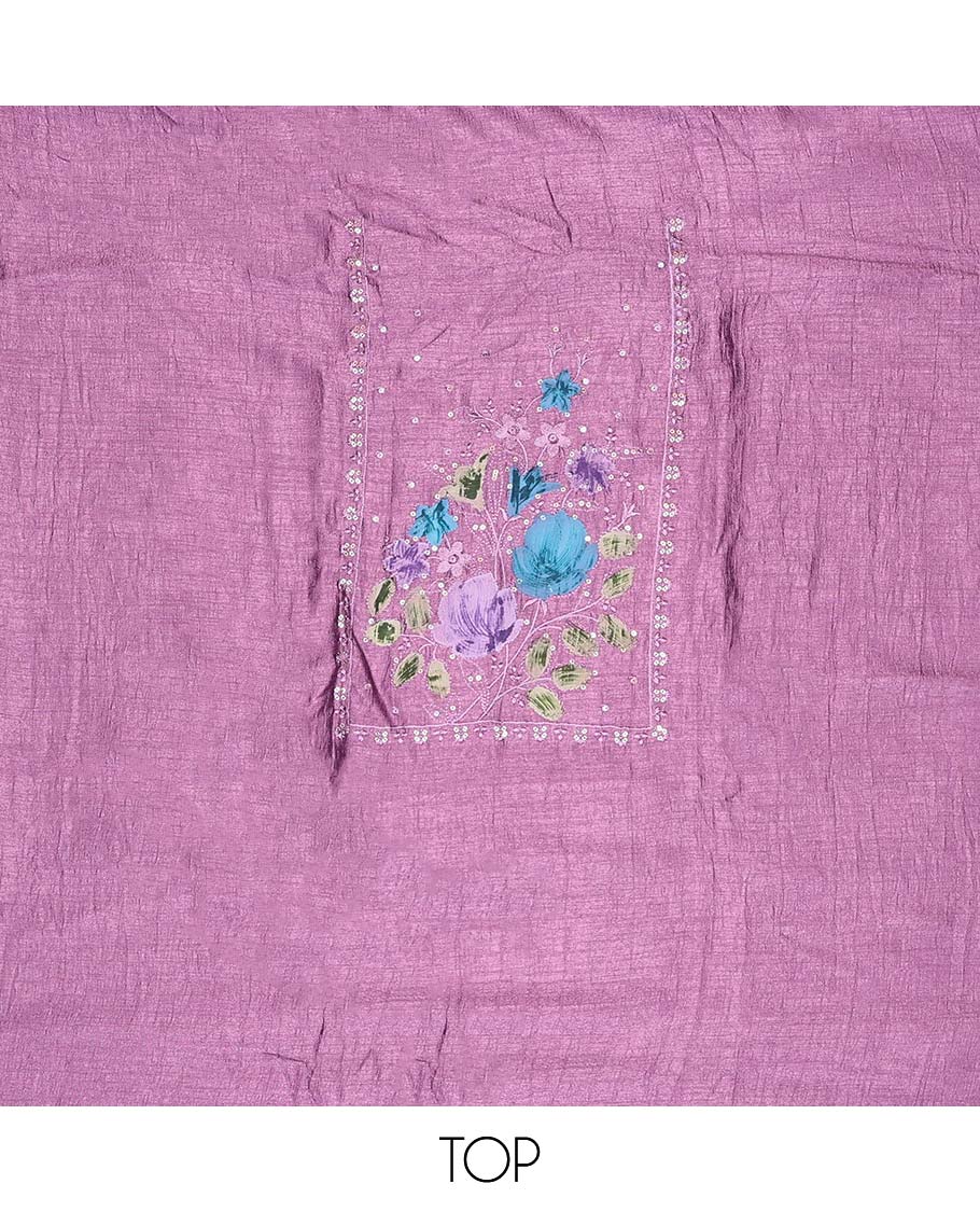 Purple chudidhar material set floral embroidered top, with plain bottom & floral motifs dupatta