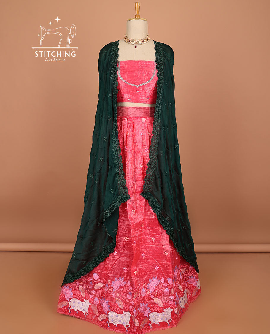 Pink pichwai design half saree with contrast border, unique design blouse & pichwai design dhavani