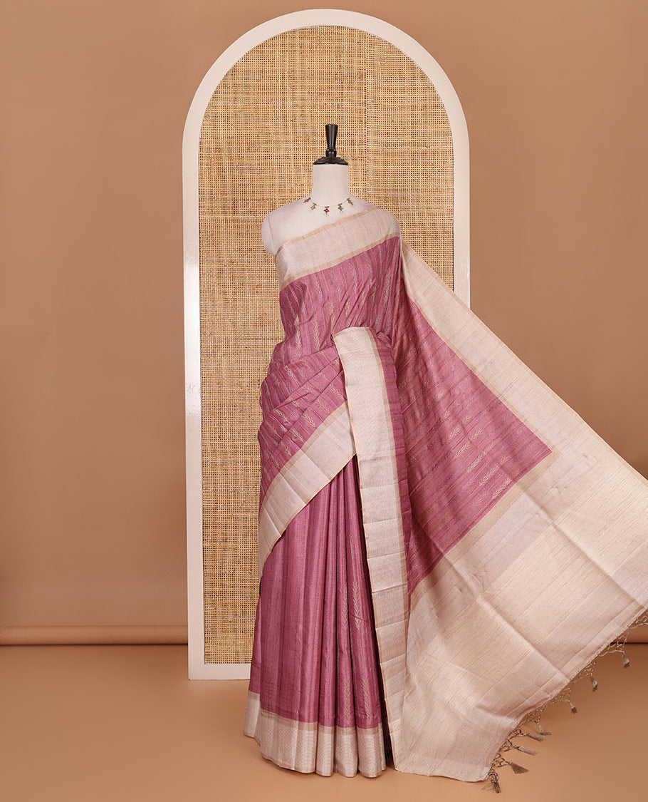 Pink floral vines thread embroidered Tussar saree, contrast Thread border, plain pallu, and contrast blouse