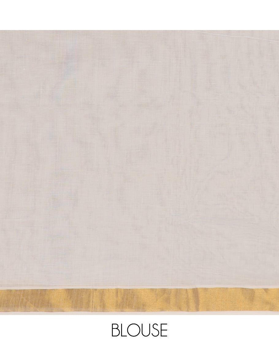 Cream kerala saree with zari designs, plain border & pallu of intricate designs