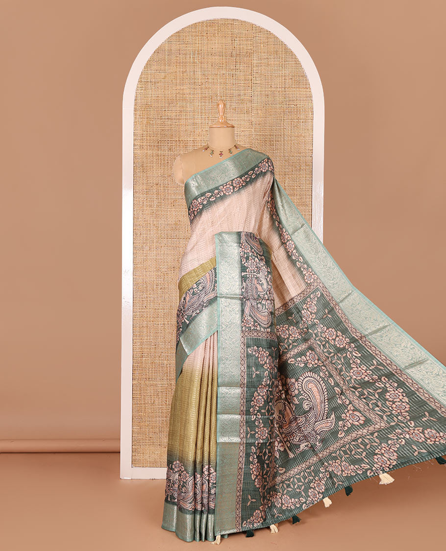 Green tri-ombre colored zari stripes, and kalamkari peacock printed semi-tussar saree, contrast floral creeper zari border, peacock printed pallu, and a contrast blouse of zari and print work