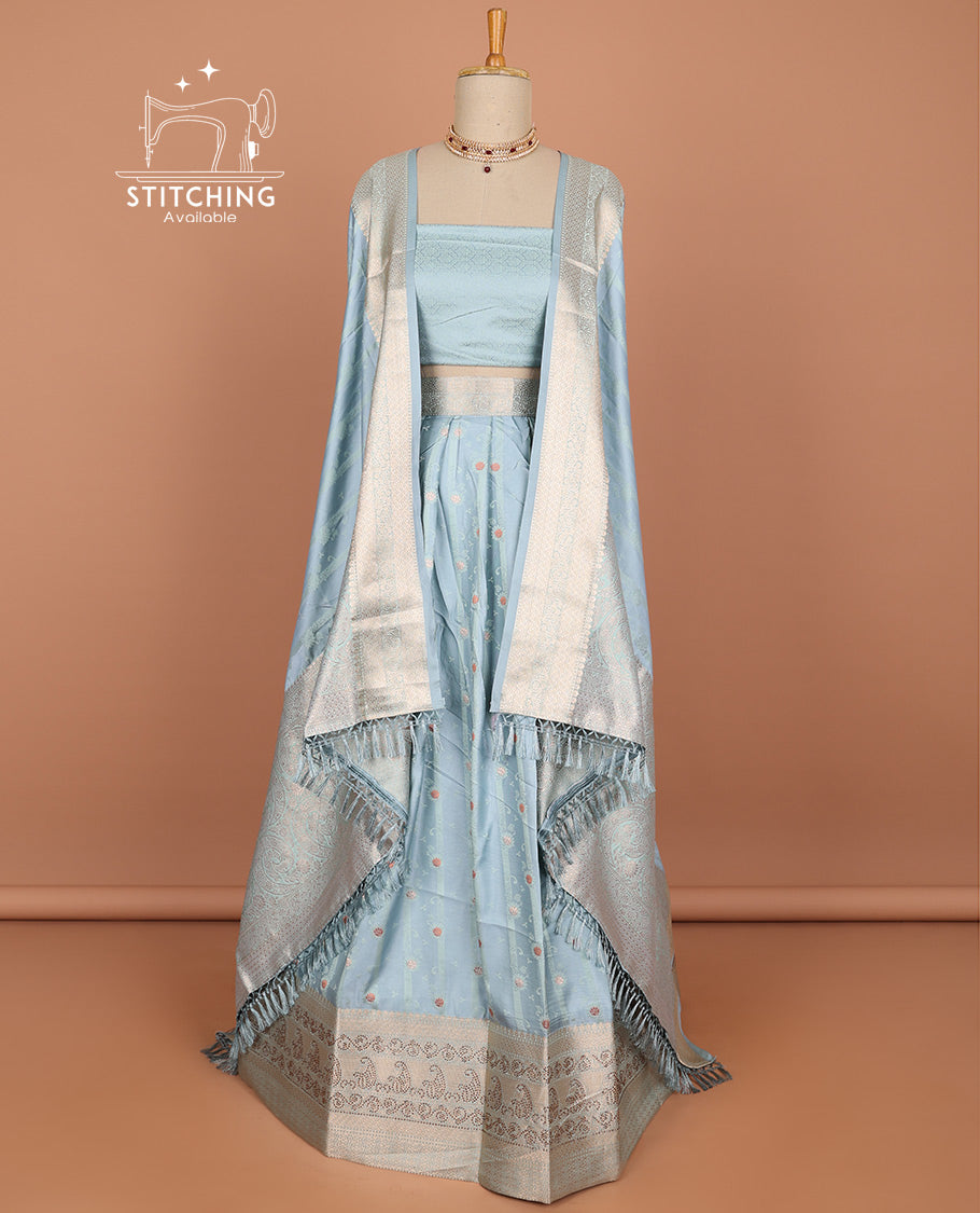 Blue floral motifs,striped banaras half saree contrast zari border ,argyle pattern blouse & floral motifs,striped dhavani