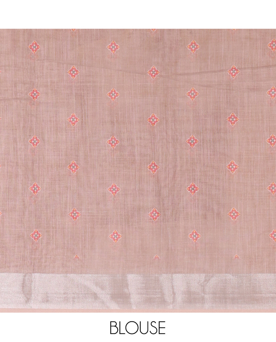 White-Brown Linen Cotton Saree Features Horizontal Stripes on Its Body, Complemented by a Contrast Zari Border, Multi-Color Striped Pallu, and Paired with a Contrast Blouse