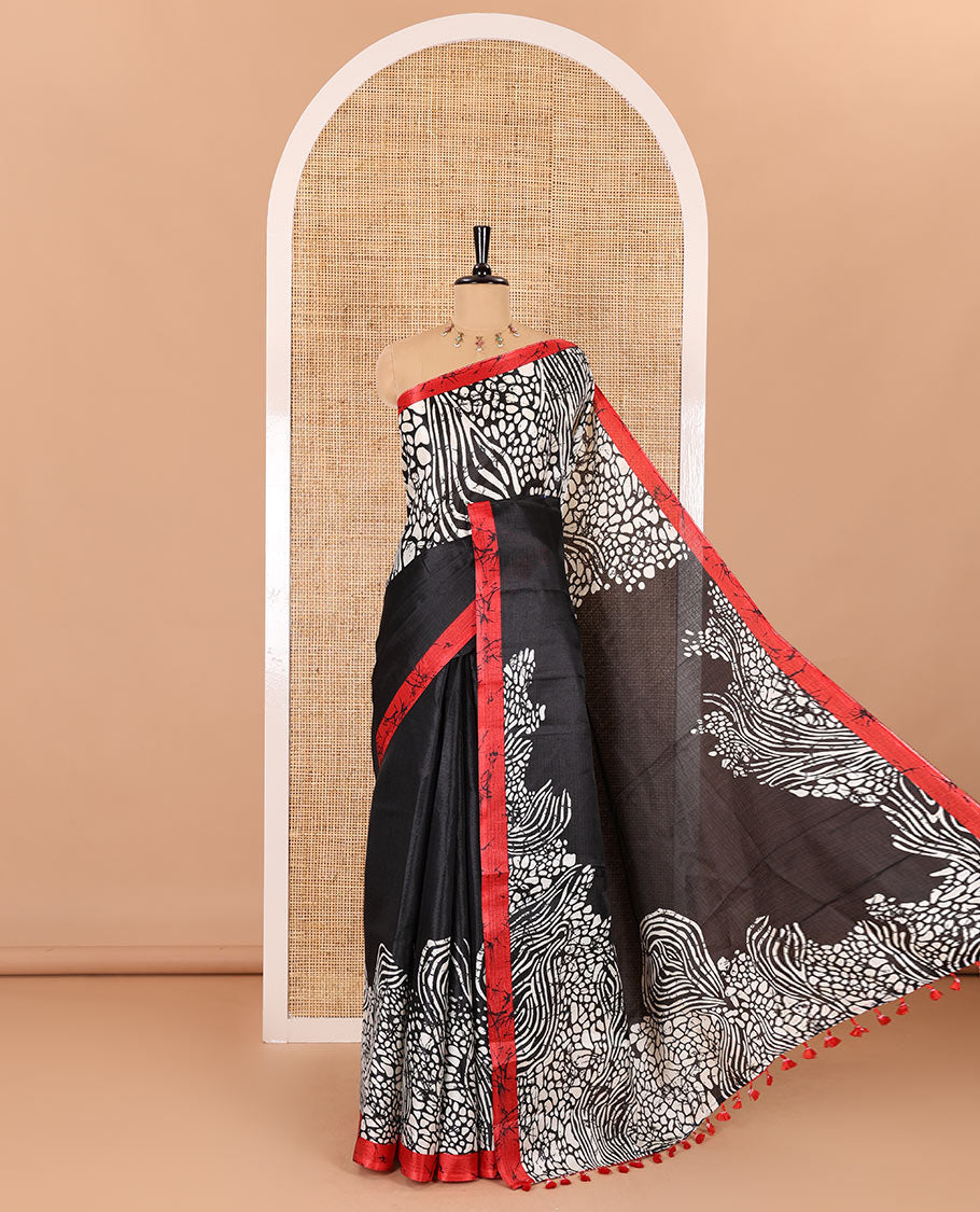 Black batik printed art Khadi cotton saree, batik printed border, batik printed pallu, and a contrast batik printed blouse