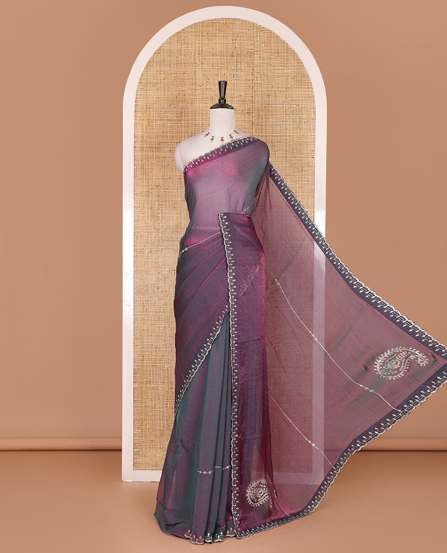 Green micro stonework Fendi chiffon saree, scallop micro stonework border, stonework paisley pallu, and matching micro stone work blouse