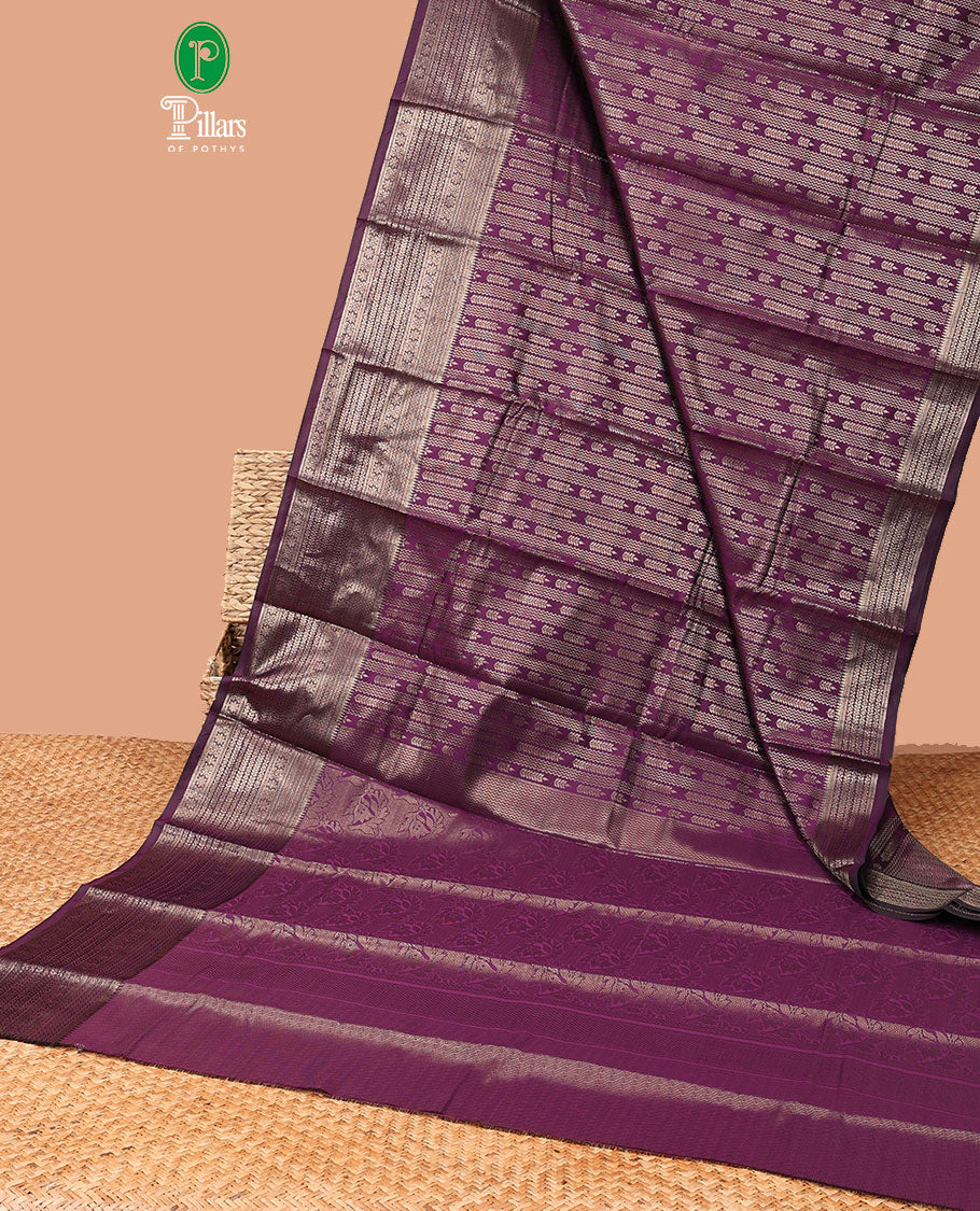 Wine zig zag straight line leaf design elite silk saree, gold rose zari with veldari border , malli mokku design & rich pallu , rose gold brocade design blouse
