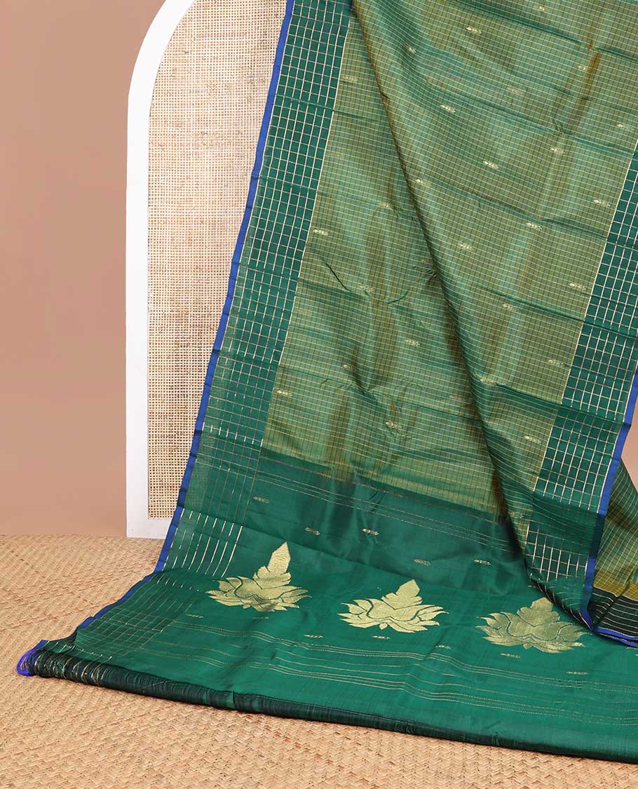 Green checked, buttas kancheepuram silk saree with contrast checked border & striped, floral design pallu