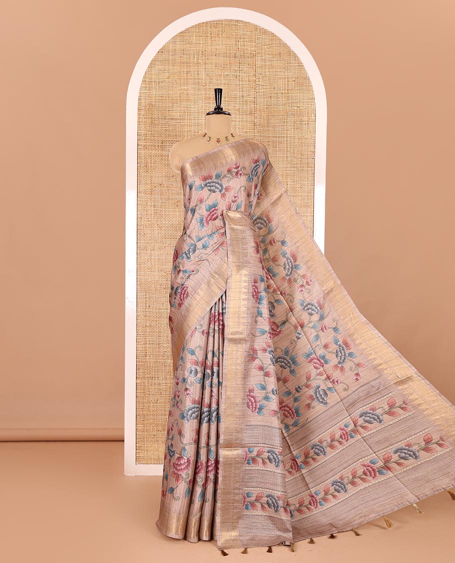 Sandal floral vine printed fancy tussar saree, zari temple border, floral printed pallu, and a matching zari woven blouse