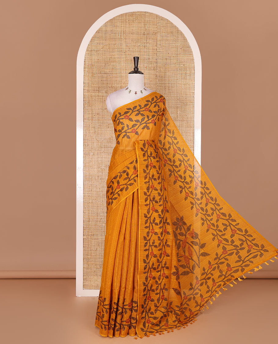 Mustard jamdani style floral vine design semi-jute silk saree, floral vine printed border, pallu, and blouse of small buttas print