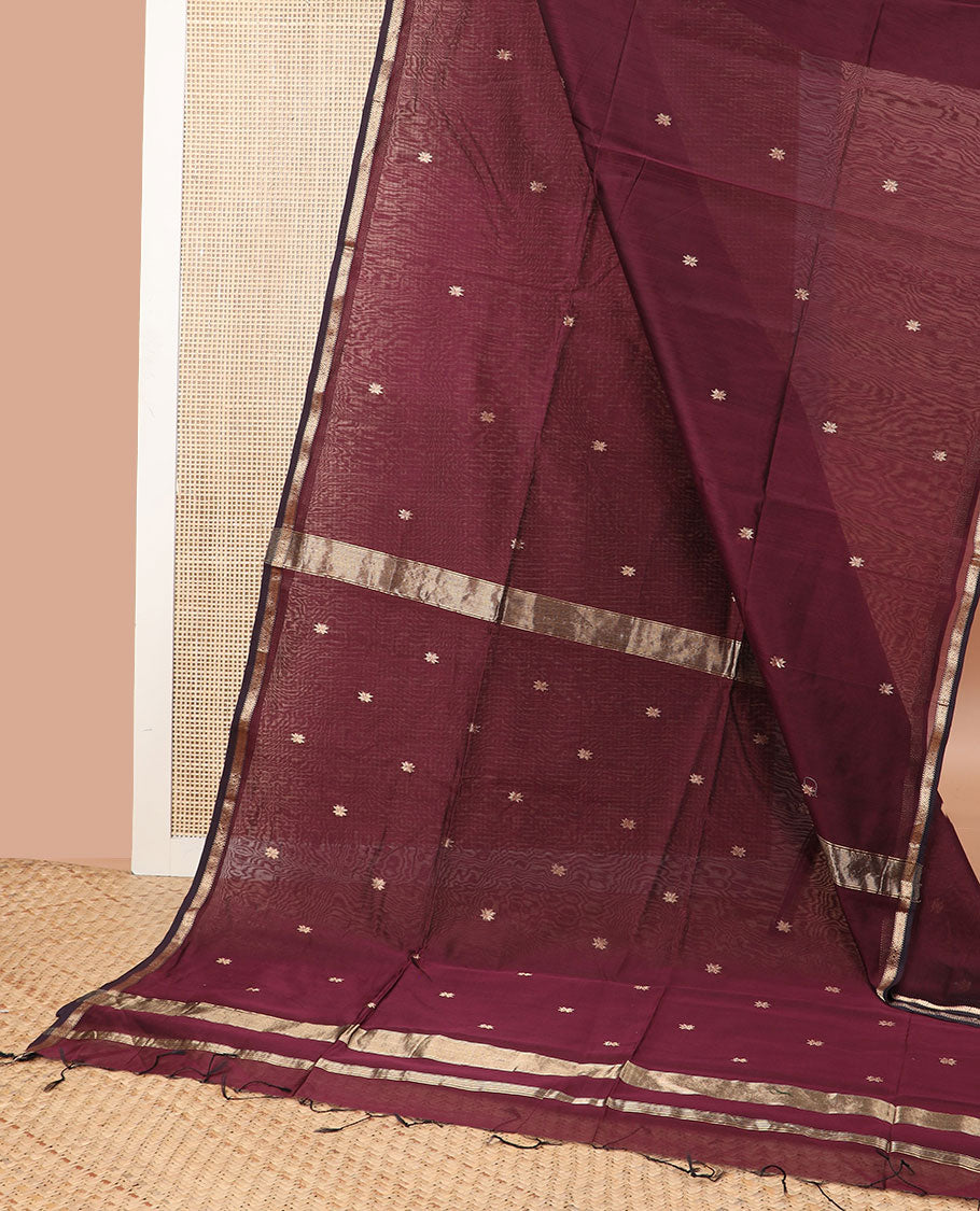 Maroon floral motifs maheshwari cotton saree with self zari design border & floral design pallu