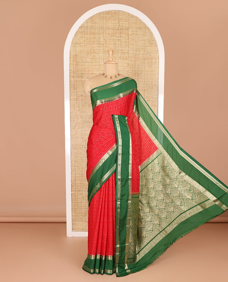 Red maze geometric-patterned semi-mysore silk saree, contrast rettai pettu traditional zari border, intricate pallu, and a contrast geometric-patterned zari-bordered blouse