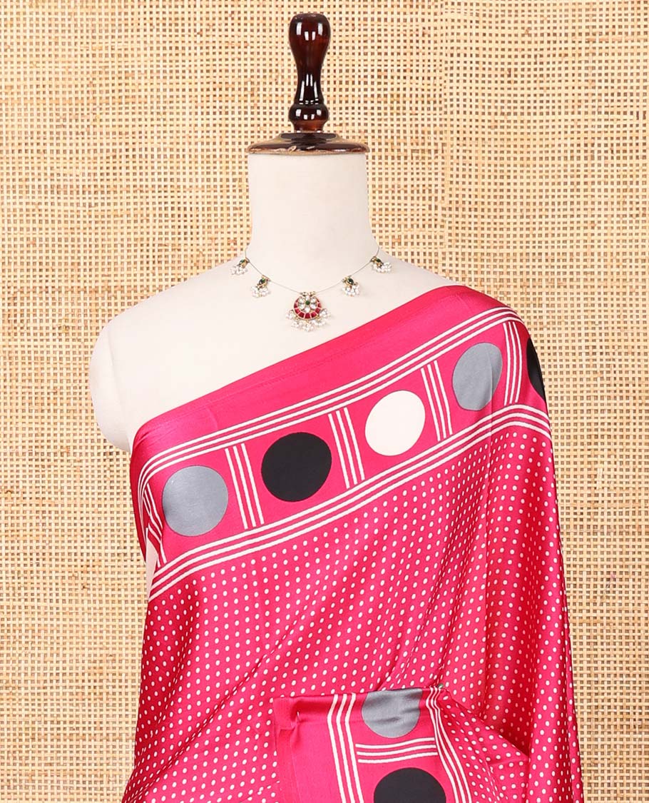 Rani pink small polka dots printed gajji silk saree with self-border & pallu printed with a dot enclosed checks, blouse with intricate motif print