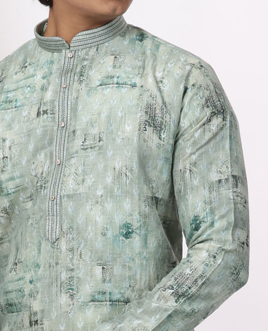 Mint green abstract design mandarin collar & full-sleeve long raw silk kurta
